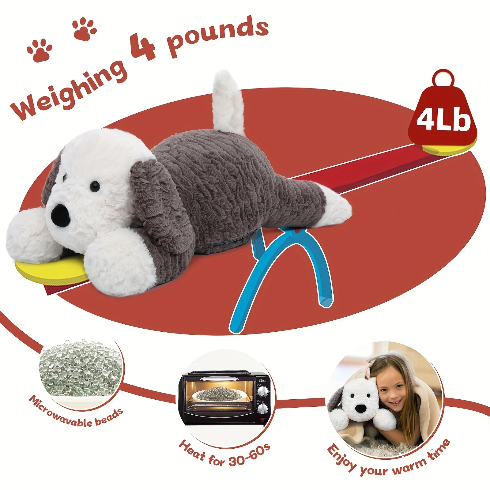 Weighted Stuffed Dog - 4lb Plush Puppy with Microwavable Heating Feature, Soft Polyester Fabric, Safety 3D Eyes,  Pet Toy