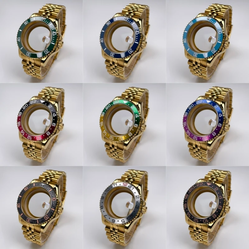 NH35 Case 40mm Full Gold YM Design Two-Way Rotating Bezel Stainless Steel  Sapphire Glass NH35 NH36 NH34 Movement Watch Case