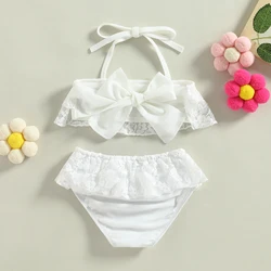 Toddler Baby Girl Lace Bandage Swimsuit Bikini White Sleeveless Ruffled Two-Piece Swimwear Suit Bathing Suit Summer Baby Bikini