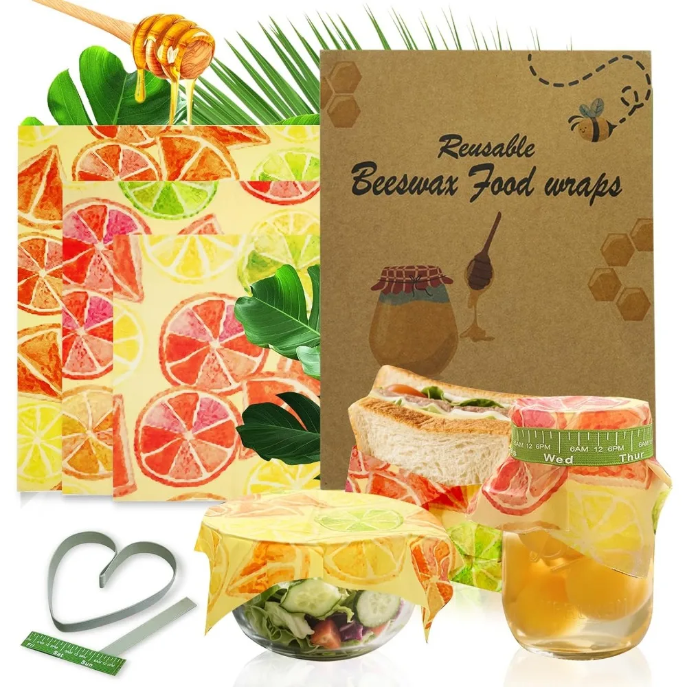 Reusable Beeswax Food Wraps with Elastic Bands, Sustainable Bowl Covers, Eco-Friendly Sandwich and Cheese Wraps, Assorted Sizes