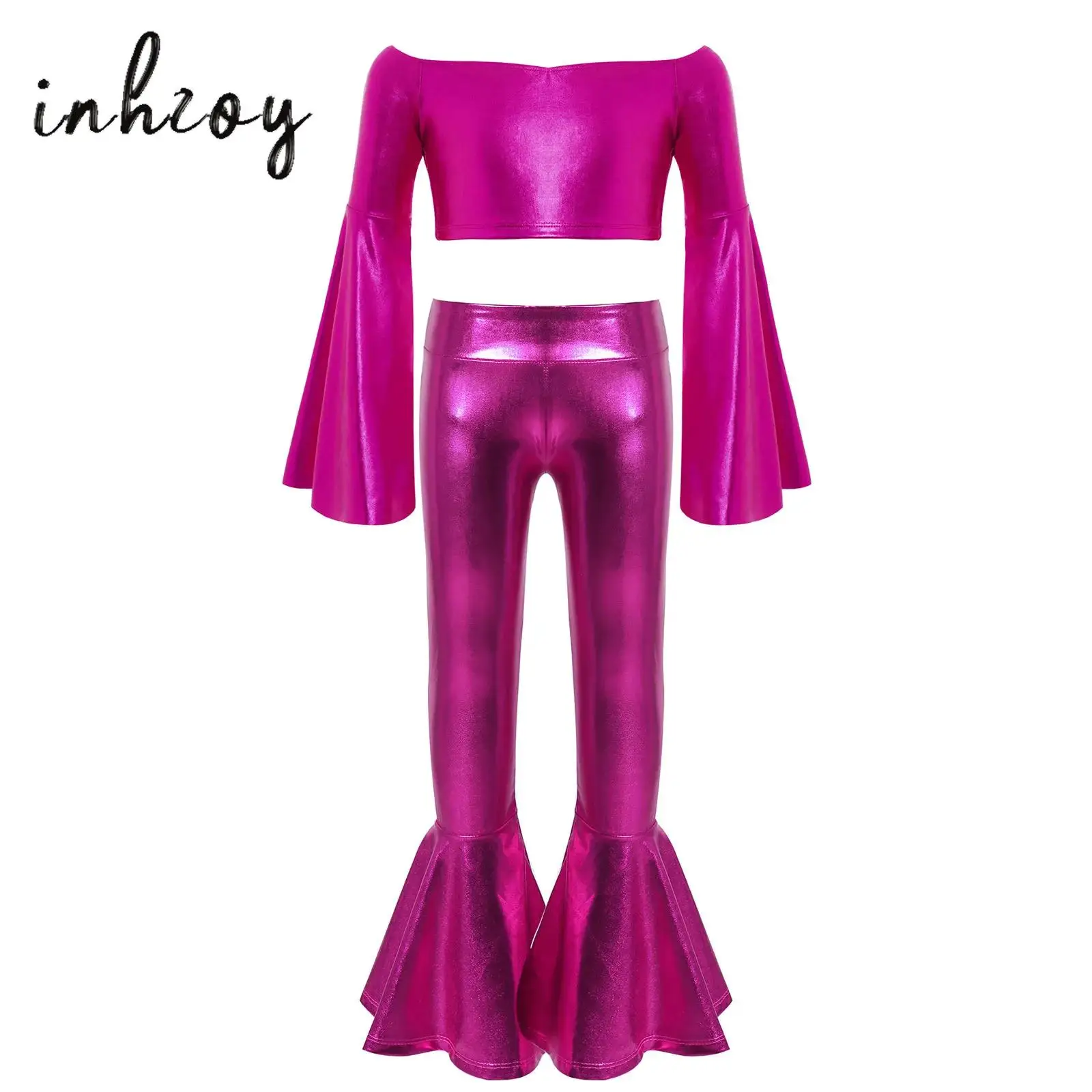 

Kids Girls 80s Disco Jazz Dance Outfit Long Flared Sleeve Off-Shoulder Metallic Crop Top+Bell-bottom Pants Set for Performance