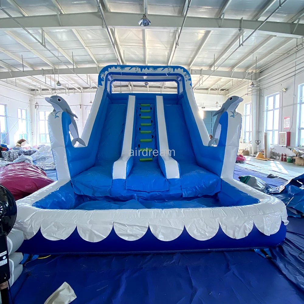 Free air shipping Giant blue Inflatable double Water Slide Dolphin Pool Slide Inflatable bounce house With Pool For Adult kids