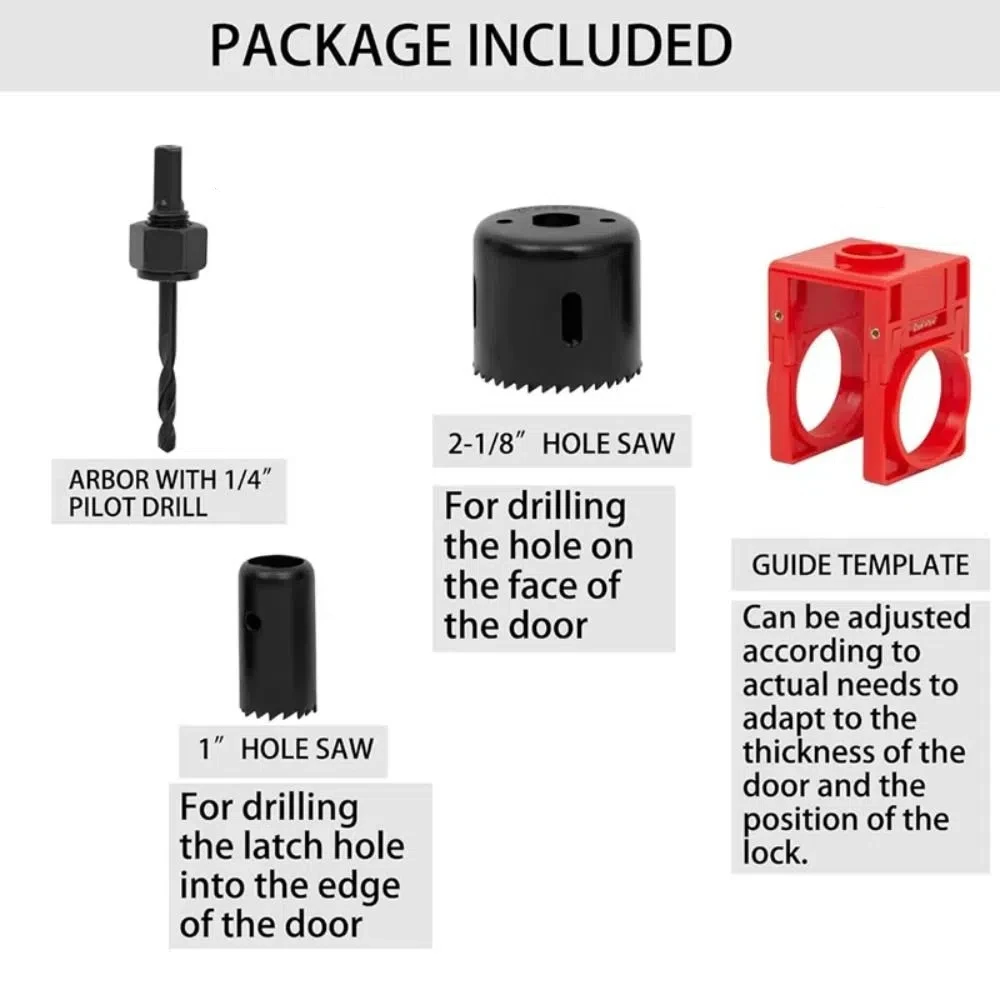 ชุดติดตั้งล็อคประตูแบบเจาะ ตำแหน่งที่แม่นยำ ชุดเลื่อยล็อคประตูกันลื่น เครื่องมือยึด แขนล็อคแบบสแน็ปพลาสติก