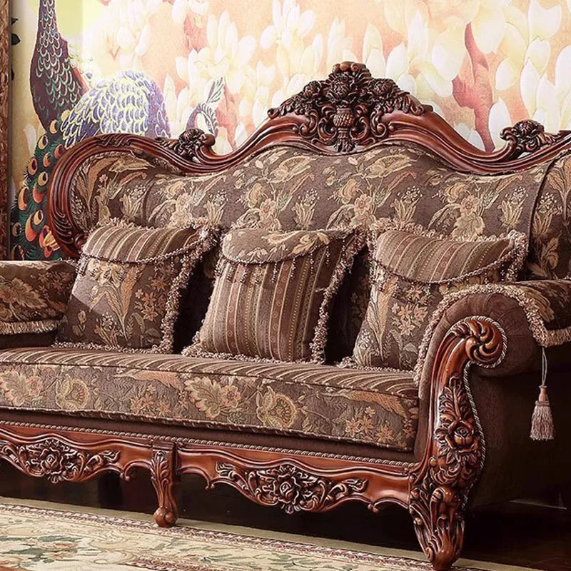 European luxury fabric sofa living room combination retro solid wood carving flower American first layer cowhide rural high-end