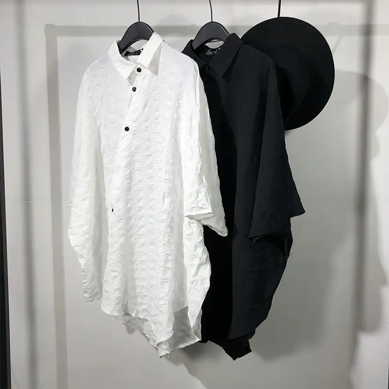 Designer Summer Dark Irregular Pleated Loose Batwing Sleeve Shirt Japanese Street Hip Hop 3/4
