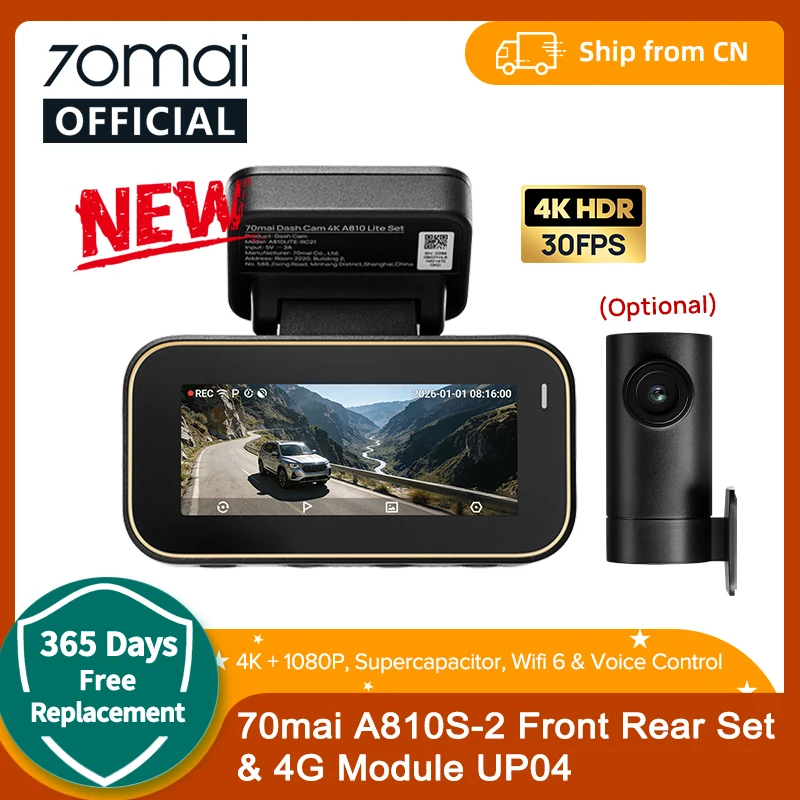 70mai Dash Cam A810 Lite 4K HDR + 1080P, Supercapacitor 4G LTE Remote Control Wi-Fi 6 GPS Voice Control Car DVR 70mai A810 Lite