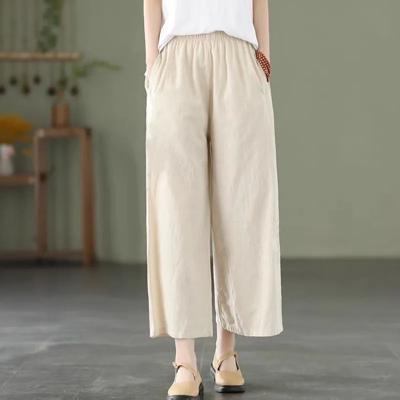 Cotton Linen Straight Leg Pants Women Summer Loose Versatile Large Size Linen Nine Points Thin Casual Trousers Trendy