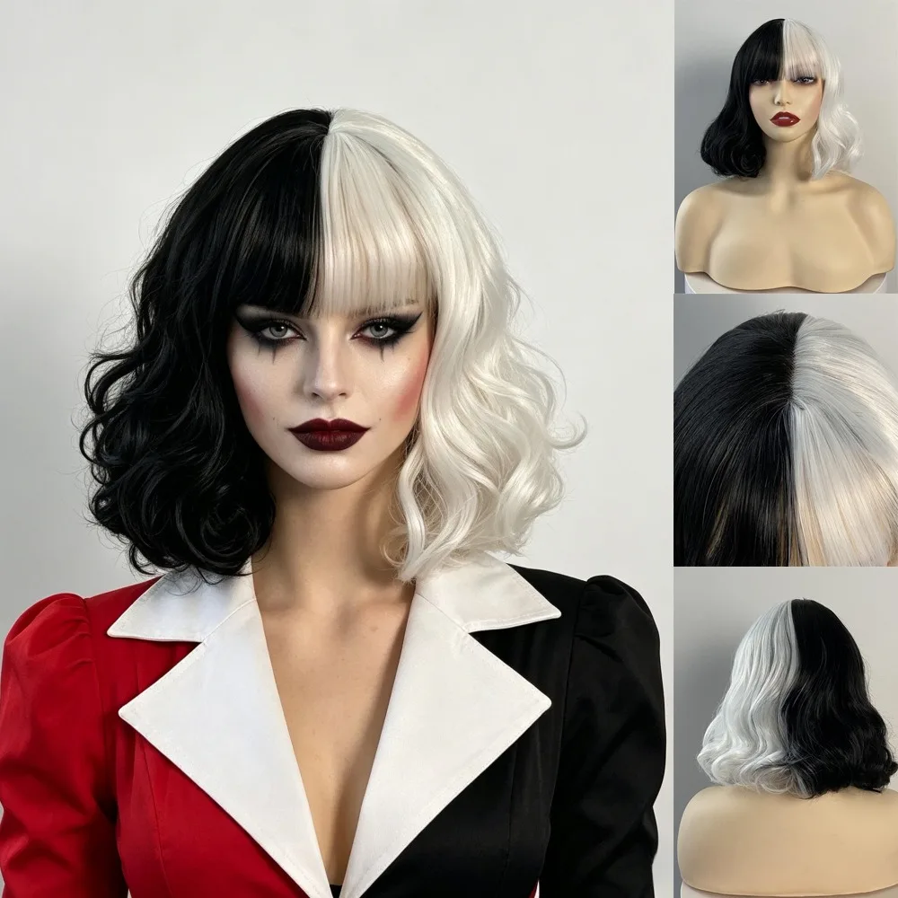 Black and White Witch Kuira Cosplay Wig Female Short Roll Full Headset Fully Mechanized Synthetic Wig Halloween Costume Headwear