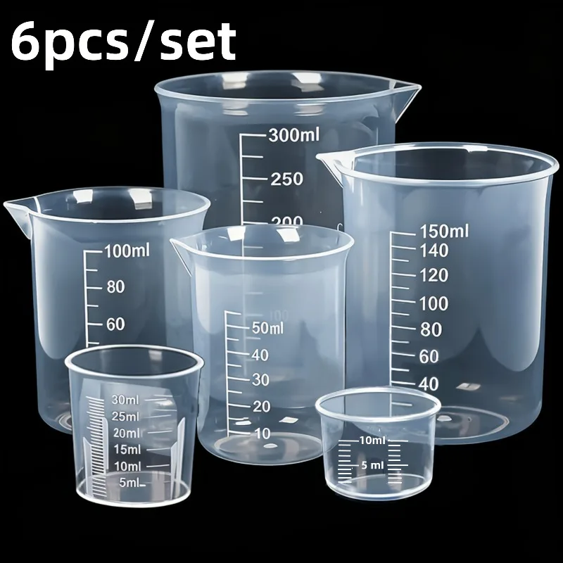 6PCS Different Sizes Plastic Measuring Cups with Scales, Transparent Lab Beakers Set, Reusable for Jewelry Making & Home Science