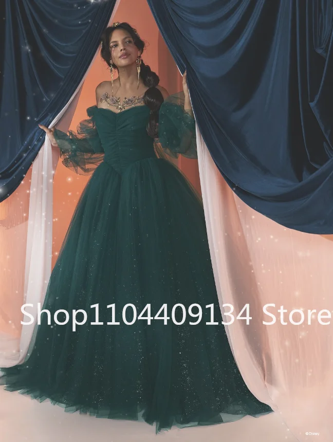 Vestidos de fiesta de princesa Aladino de color verde esmeralda brillante con hombros descubiertos, manga larga, vestido de noche de celebridad Gillter Fiarytal personalizado