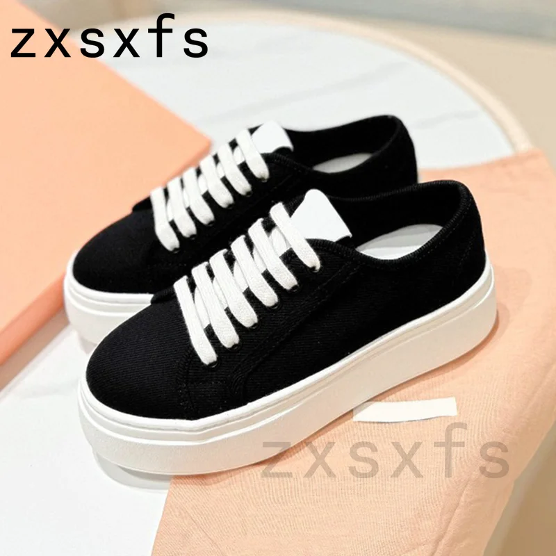 Sneakers datar kanvas bertali wanita sepatu pantofel Slip On Platform sepatu pelari kasual Flat musim semi wanita untuk Mules wanita