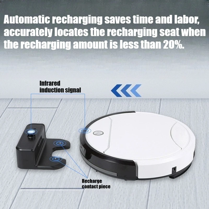 Automatic recharging robot vacuum with wireless remote control and intelligent route planning.