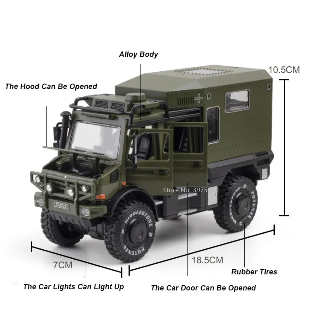 1:28 Benz Unimog Motorhome Toy Car Model Alloy Diecast Sound Light Pull Back Doors Opened Toys Vehicles Children Birthday Gifts