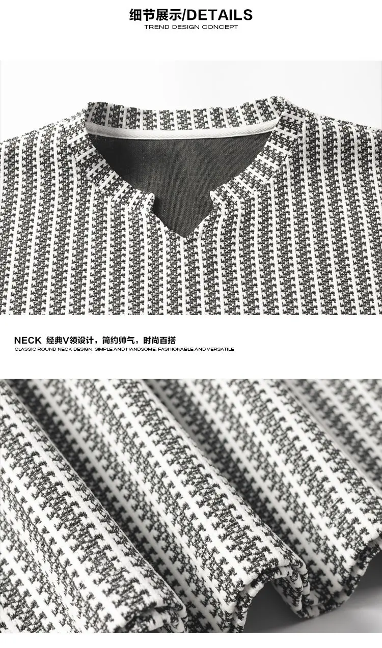 Herren-T-Shirt mit V-Ausschnitt, kurzen Ärmeln, vertikal gestreiftem Jacquard-Stoff, lockerer Passform, atmungsaktiv, lässig, für den Alltag, mit abgerundetem Saum. – Detail 9