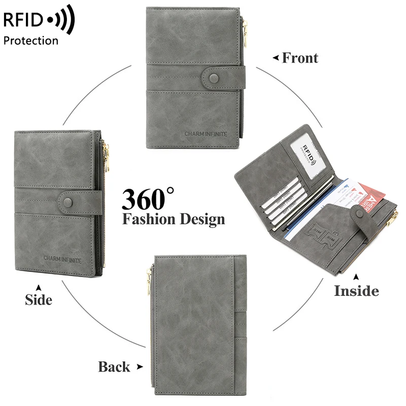 RFID Blocking Passport Bag, PU Solid Color, Zipper Buckle Wallet, Ticket Card Holder, Multi-functional Travel Passport Holder