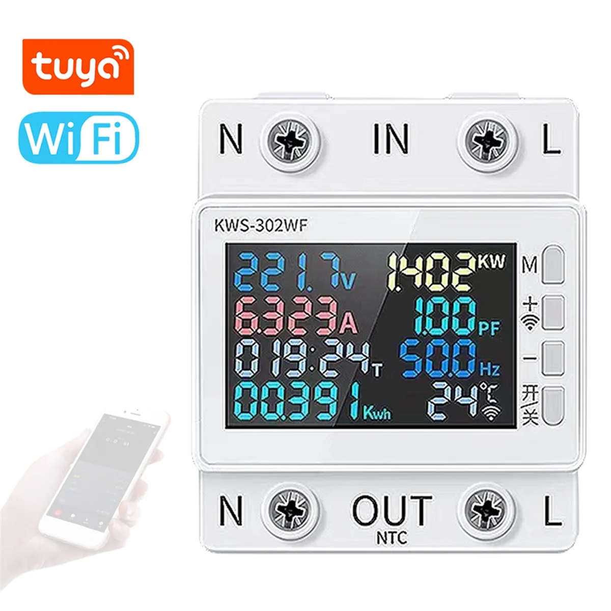 Tuya WiFi Power Meter Color Screen 2P Multifunction AC Energy Meter Mobilephone Remotely APP Control 170-300V/63A - B