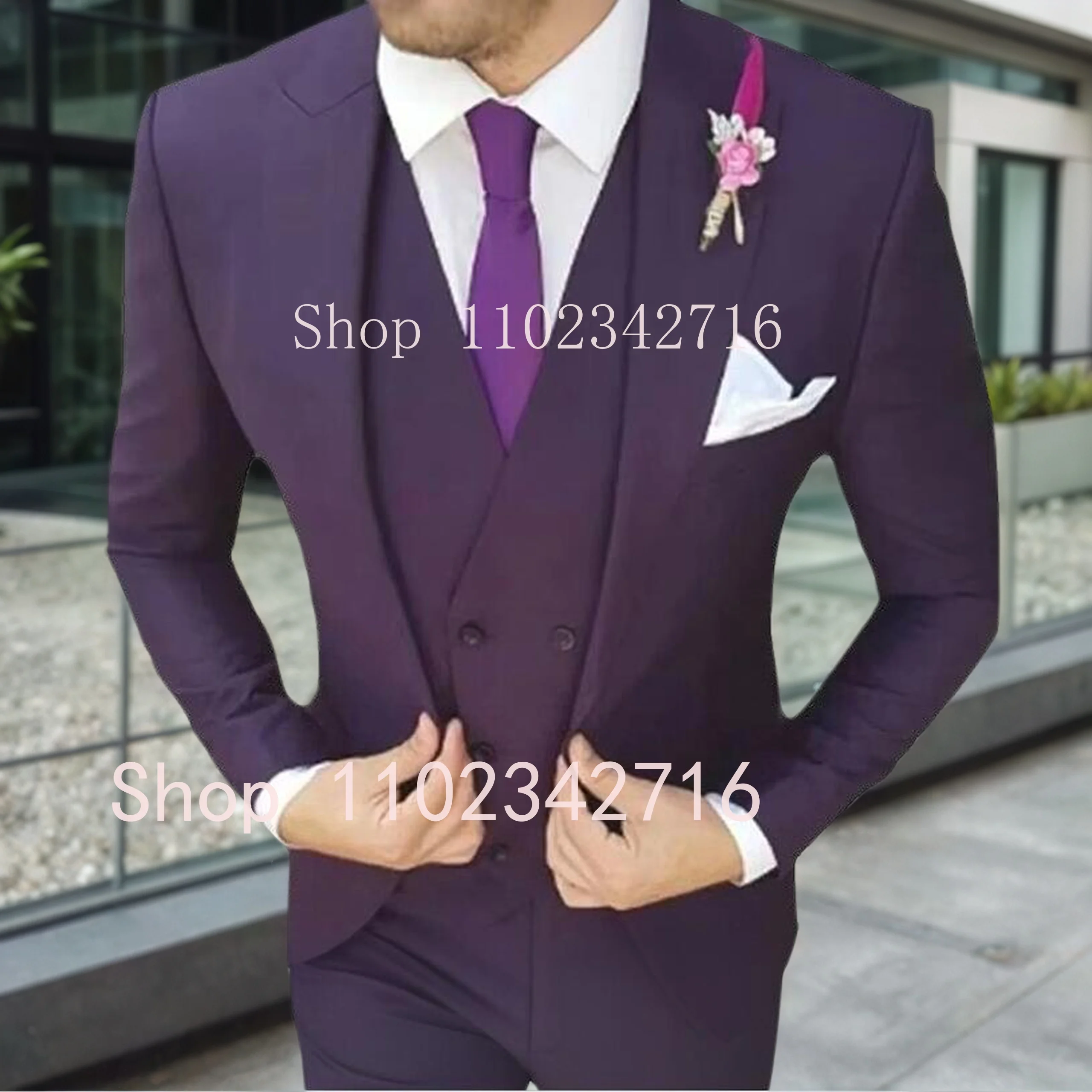 

Classic Fashion Purple Men Suit Slim Fit 3 Piece Wedding Tuxedo Groom Jacket Vest Pants Set Formal Business Blazer Costume Homme