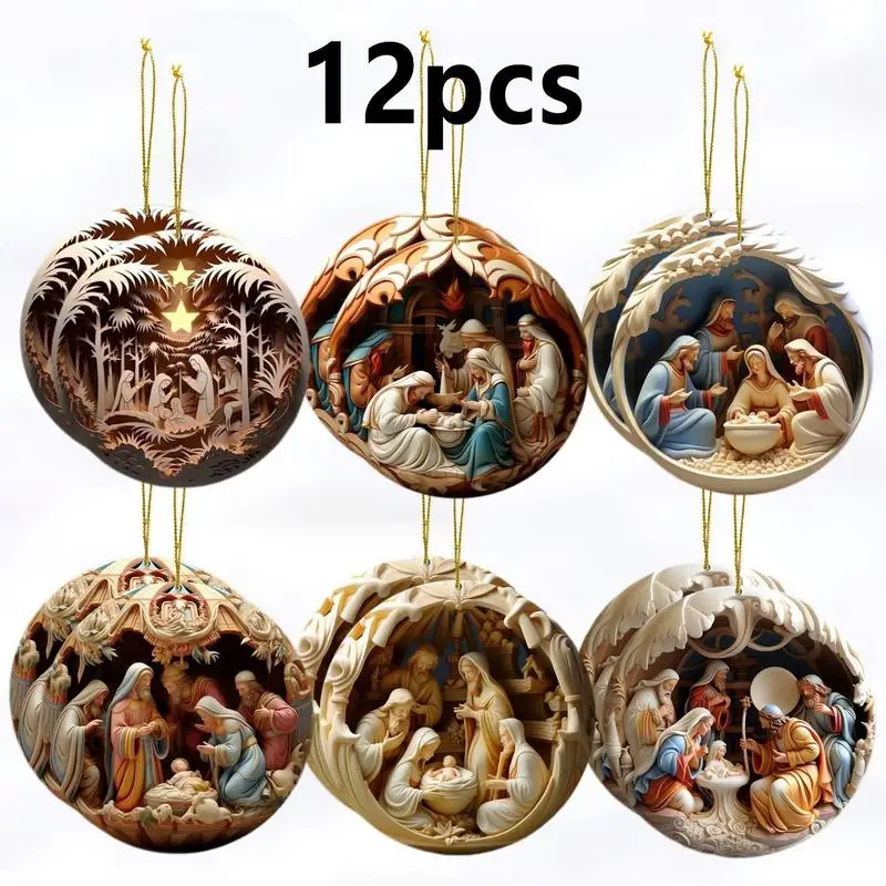 12pcs Nativity Christmas Decorations Wooden Hanging Ornaments Christmas Tree Decorations Nativity Scene Pendant Party Hanging