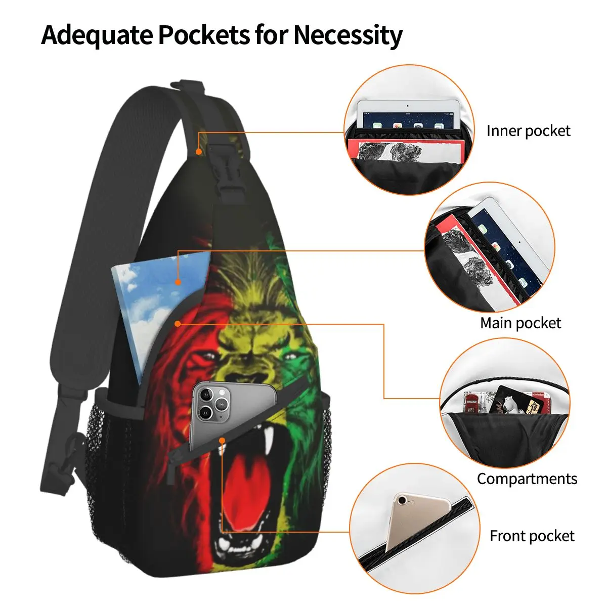 Mochila Rasta Lion Stripe Sling, bolsa de peito para caminhada, mochila tiracolo masculina, bolsa de ombro, na moda