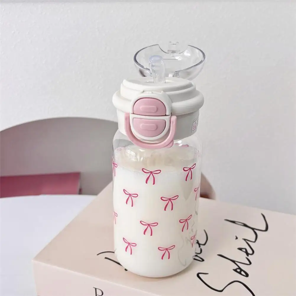 Portable Large Capacity Women Water Cup Pink Bow Print Tumbler Water Bottle with Straw Lid Girly Attractive Drinking Cup view 4