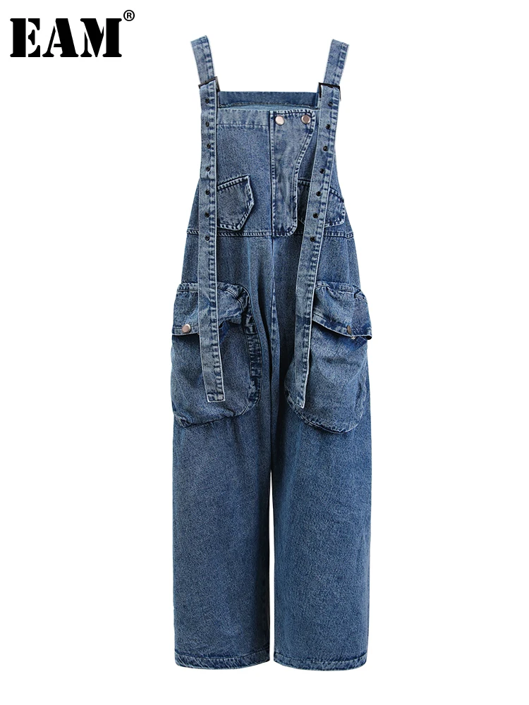 

[EAM] High Waist Blue Pocket Big Size Denim Overalls Trousers New Loose Fit Pants Women Fashion Tide Spring Autumn 2024 1K16401