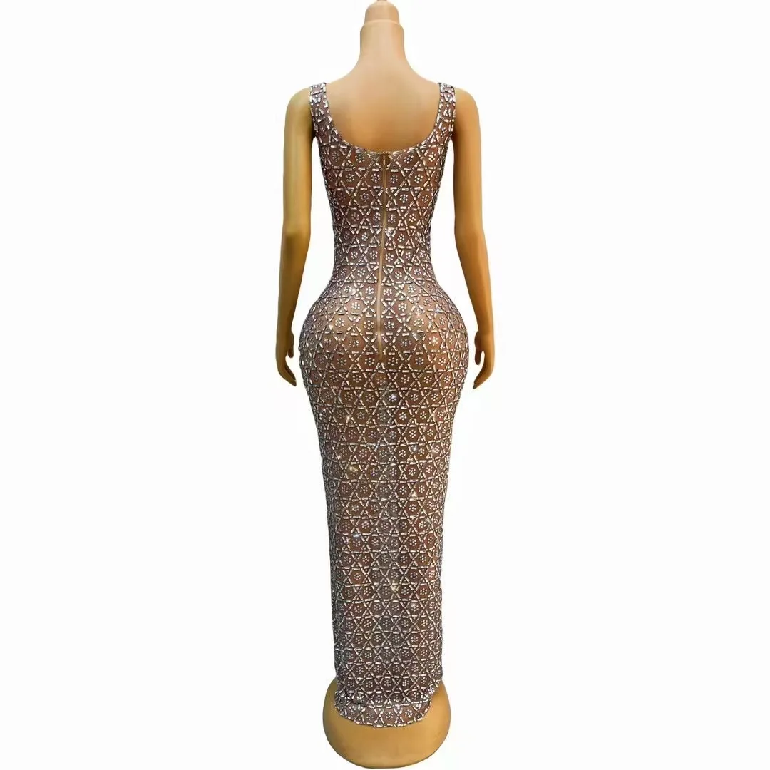 Women Sexy Sparkly Crystals Luxury Beaded See Through African Women Birthday Party Gowns Black Girl Long Prom Photoshoot Dress