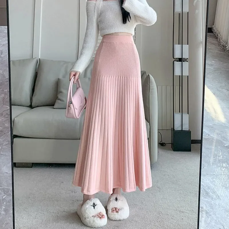 

Вязаная плиссированная юбка женская осенне-зимняя 2026: новая модная эластичная модель с высокой талией, облегающая, А-силуэт, фасон «рыбий хвост», Y2K, длинное платье