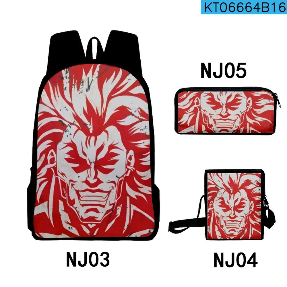 Mochila escolar clásica de anime Yujiro Baki Hanma con estampado 3D, juego de 3 piezas, mochila para portátil, bolso de hombro inclinado y estuche para lápices
