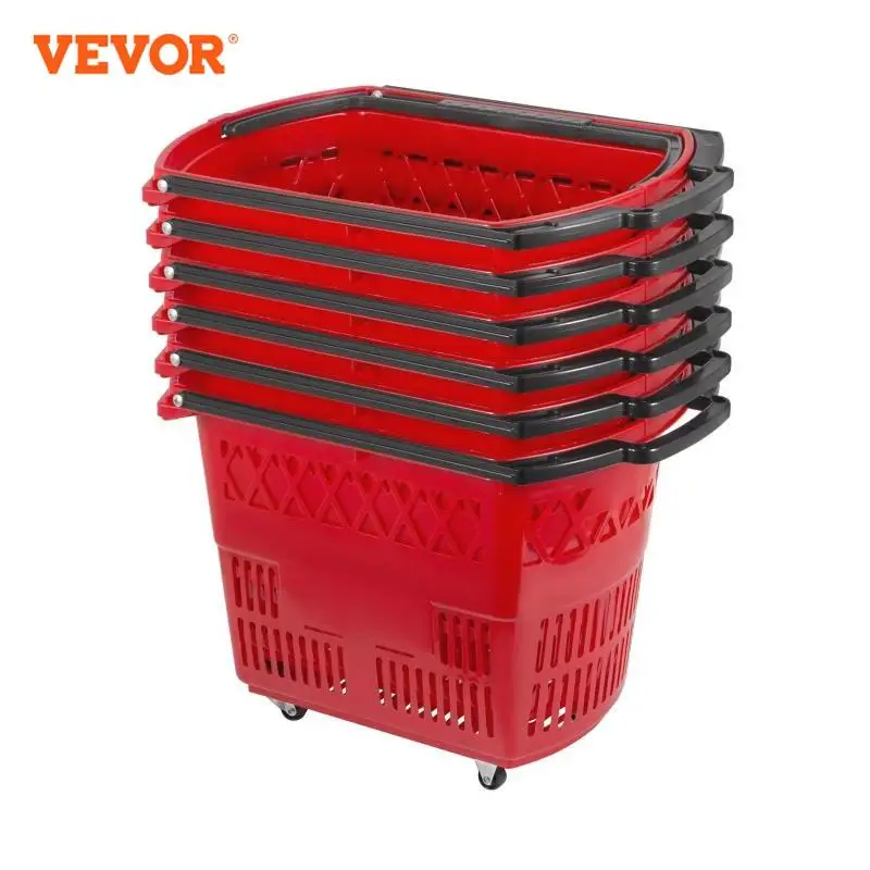 VEVOR 6Pcs Shopping Carts Plastic Rolling Shopping Basket with Wheels and Handles Portable Set for Retail Store Supermarket KTV