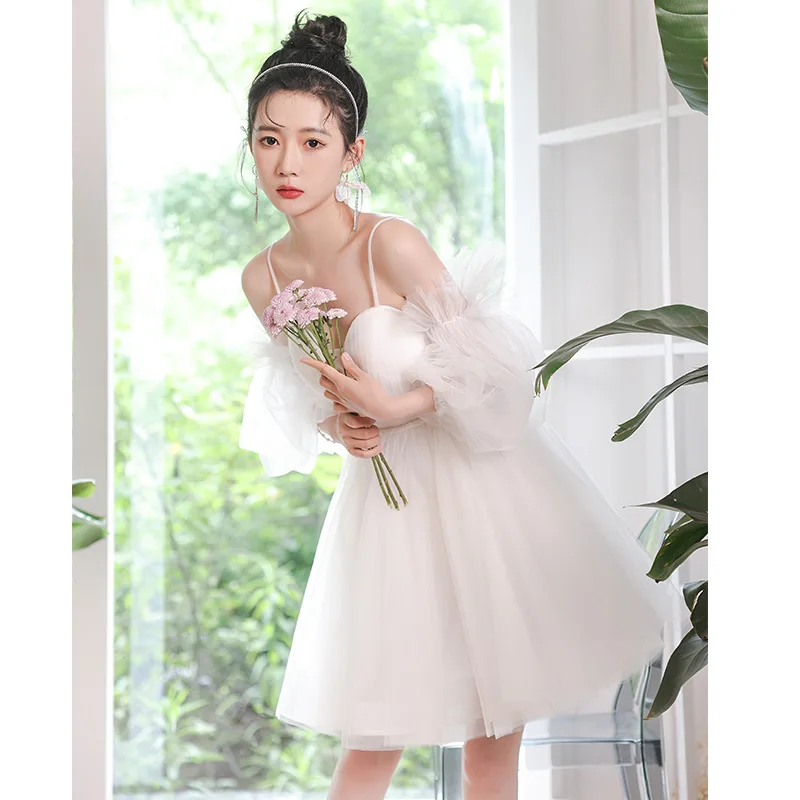 Białe Krótkie Suknie Ślubne Bez Ramiączek Trapezowe Suknie Ślubne Bufiaste Rękawy Suknie na Bal Suknie Formalne Eleganckie Sukienki Wieczorowe Damskie