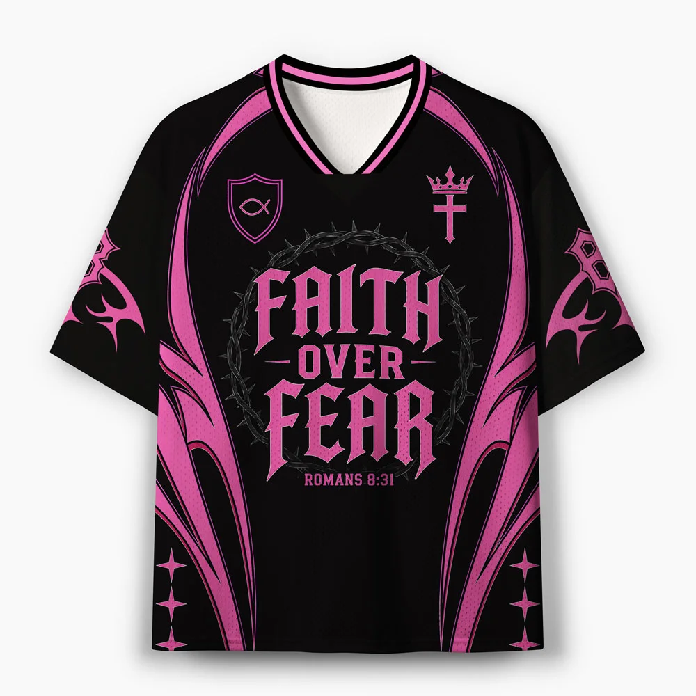 Faith Over Fear Thorn Crown Cross Religious Mesh V Neck Jersey Bible Verse Print Streetwear Short Sleeve Top