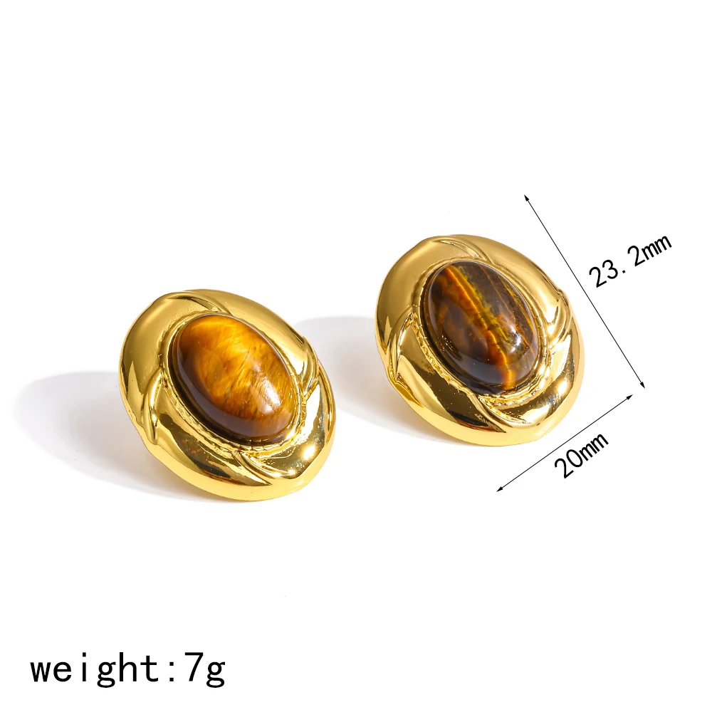 Geometrische Herzförmige Naturstein-Tigerauge-Ohrringe für Damen, Wasserdichte Vergoldete Edelstahl-Ohrstecker, Schmuck – Detail 5