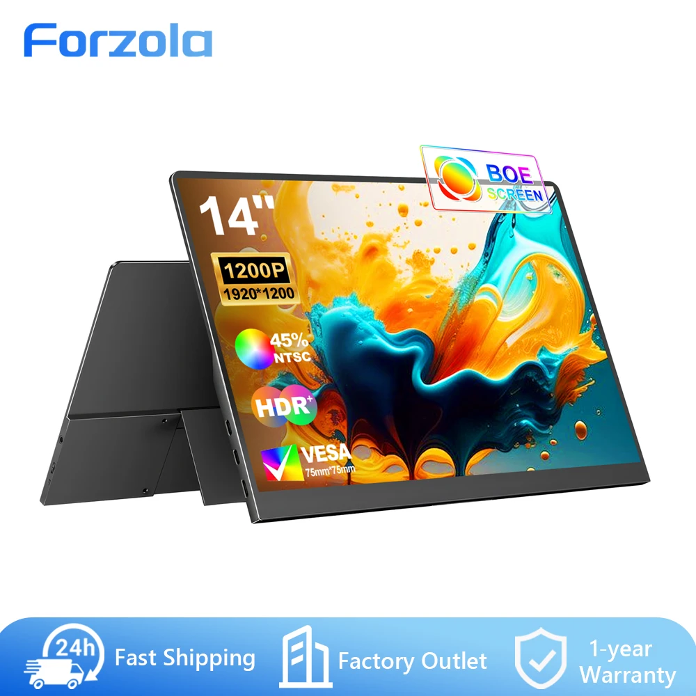 FORZOLA 14 Inch FHD Portable Monitor  1920x1200 IPS Screen Type C External Display with Stand 75X75 for PS5/4 Phone Xbox Laptop
