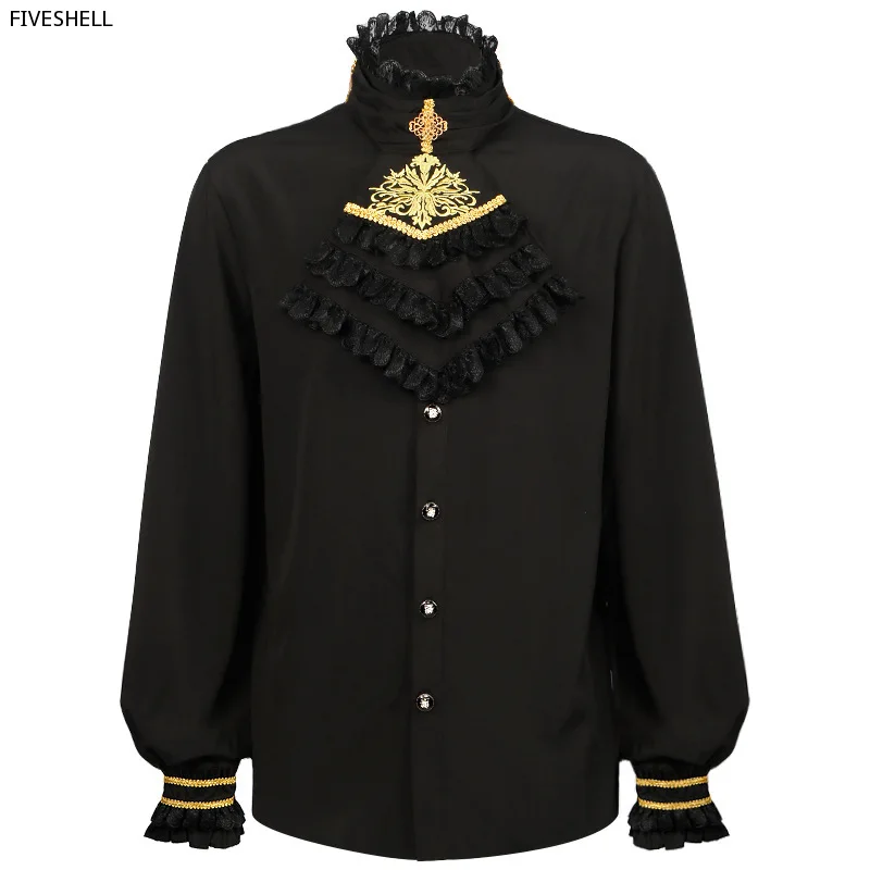 

Medieval Men's Cosplay Shirts Turtlenecks Vintage Bandage Victorian Ruffles Gothic Male Jabot Blouse Tops Groom Casual Outfit