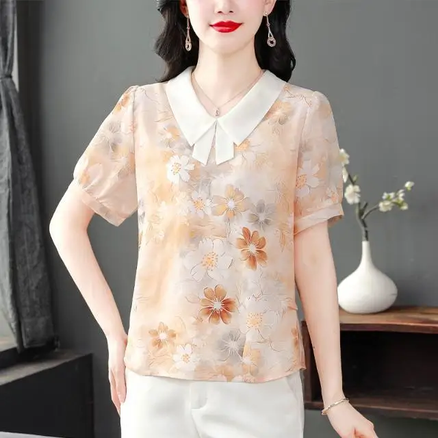 Chiffon blouse voor dames met korte mouwen, zomer, nieuwe stijl, elegante bloemenprint, onderscheidende top van middelbare leeftijd