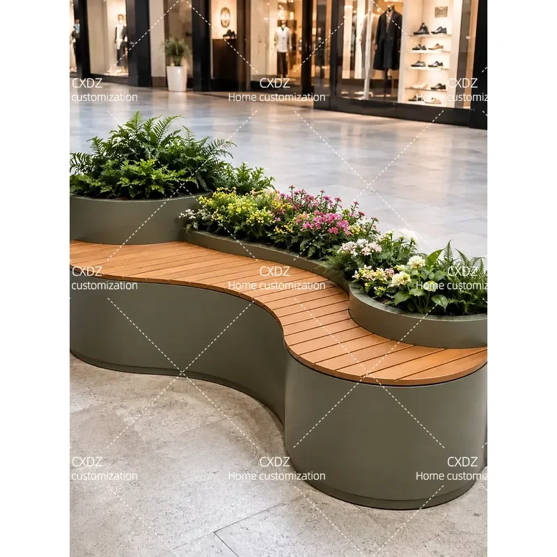 Wavy Flower Box Seat Outdoor High Low Staggered Curved Leisure Bench Green Plant Landscaping Public Seating Customizable