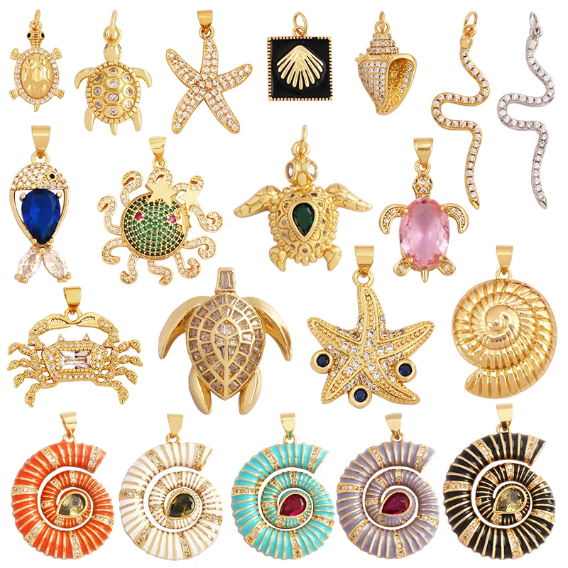 Morskie morze Nautilus żółw rozgwiazda ośmiornica muszla kraba wąż wisiorek z amuletem, pozłacana cyrkonia dodatki do biżuterii dostawa M67