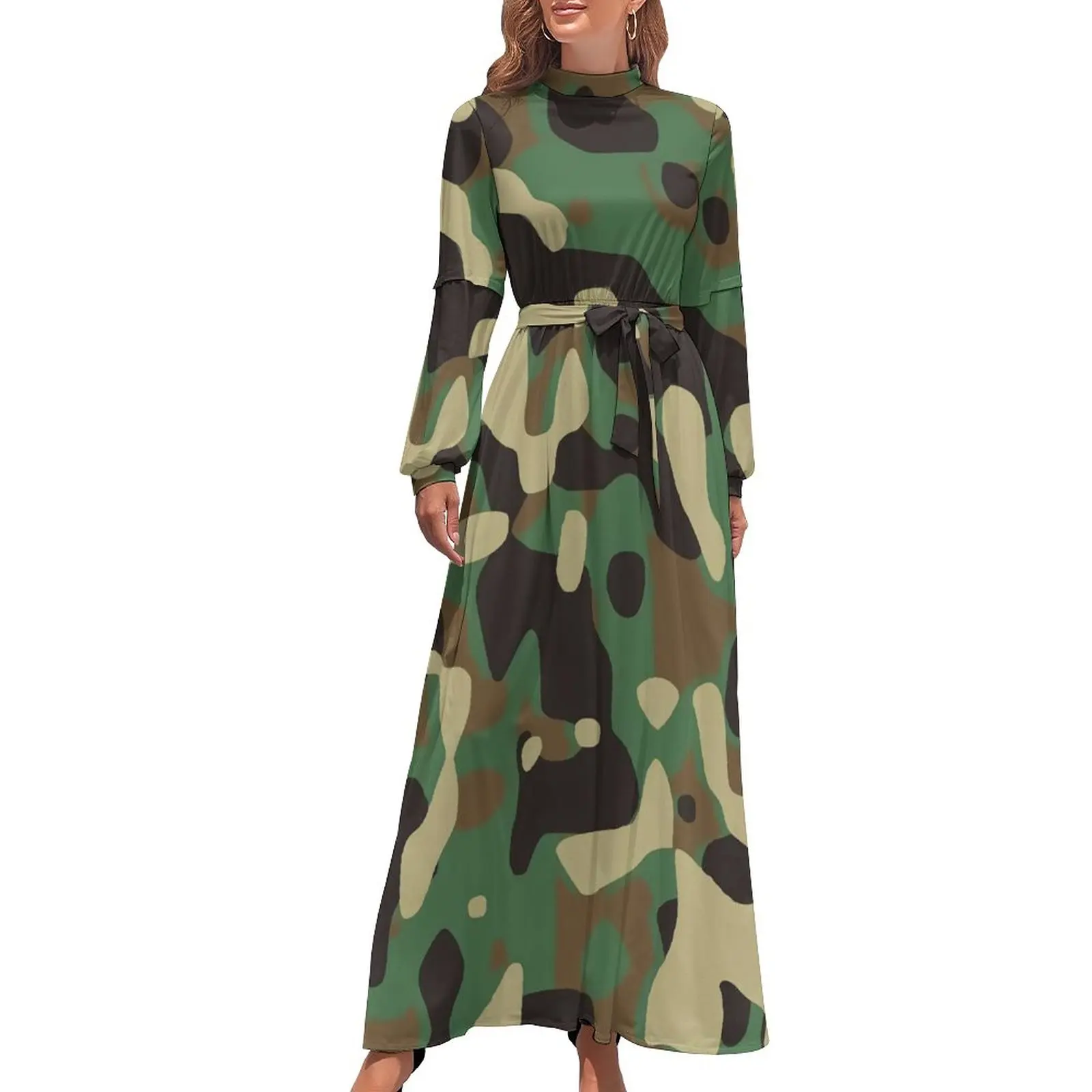 Military Camo Dress Cool Gift Sloth CamouflageTrendy Pattern Maxi Dress Lady Long Sleeve Street Style Boho Beach Long Dresses