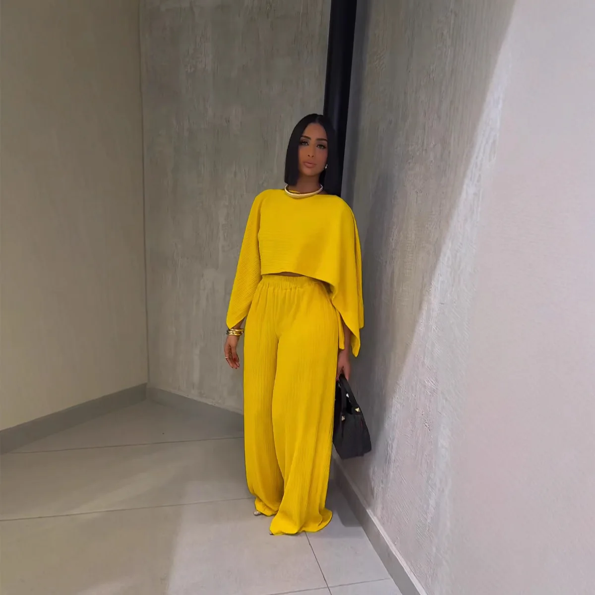 Conjuntos De Mujer 2 Piezas Elegante Round Neck Solid Color Oversized Short Top Wide Leg Trousers Suit Women's Pantolon Setleri