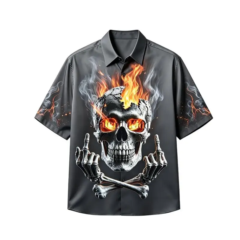 Gothic Men's Burning Skull Fire Print Hawaiian Shirt Skeleton Middle Finger Short Sleeve Button Up Tops