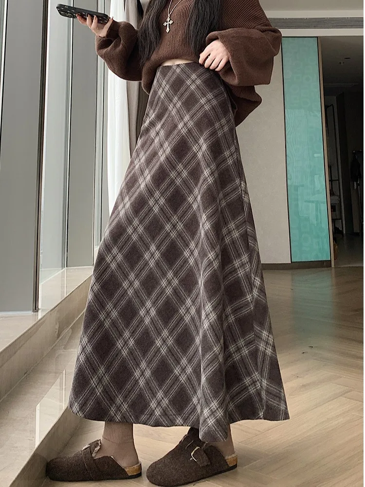 Retro Krata Wełniana Spódnica Midi w Kształcie Litery A z Wysokim Stanem Wyszczuplająca Rozmiar Plus Size dla Wysokich Kobiet Jesień Zima Koreański Styl Dojazdy do Pracy