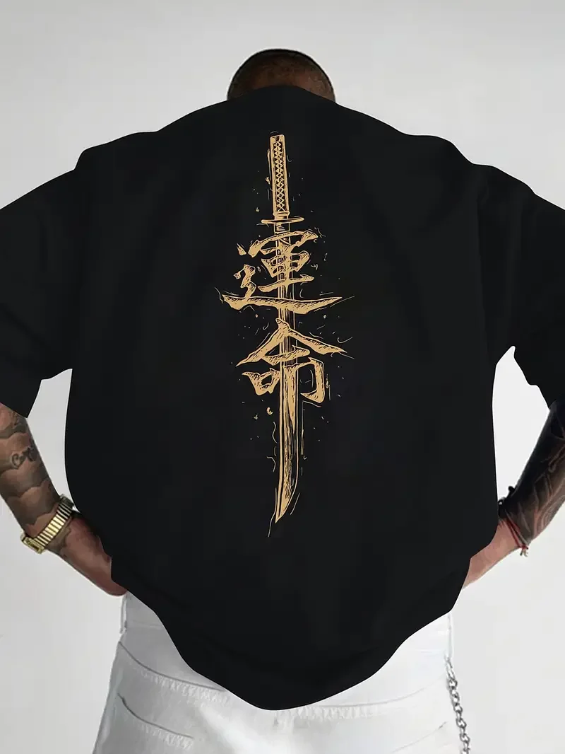 Ein kurzärmliges Herren-T-Shirt aus reiner Baumwolle mit aufgedrucktem japanischem Samurai-Schwertmuster, regulärer Stil, modisch – Detail 9