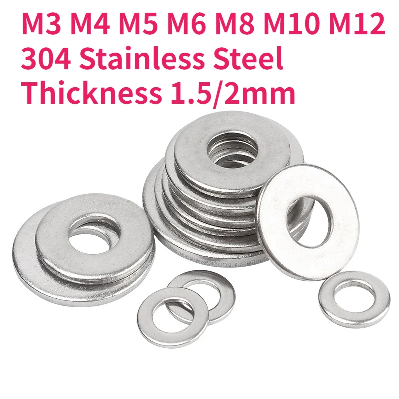 M3 M4 M5 M6 M8 M10 M12 A2-70 304 Stainless Steel Flat Washer Plain Gasket Thickness 1.5/2mm
