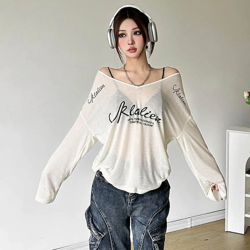 

T-shirts for Women Knitted Ice Silk V-neck Sunscreen Tops Loose Casual Korean Style Harajuku Printed Long Sleeve Summer Clothes