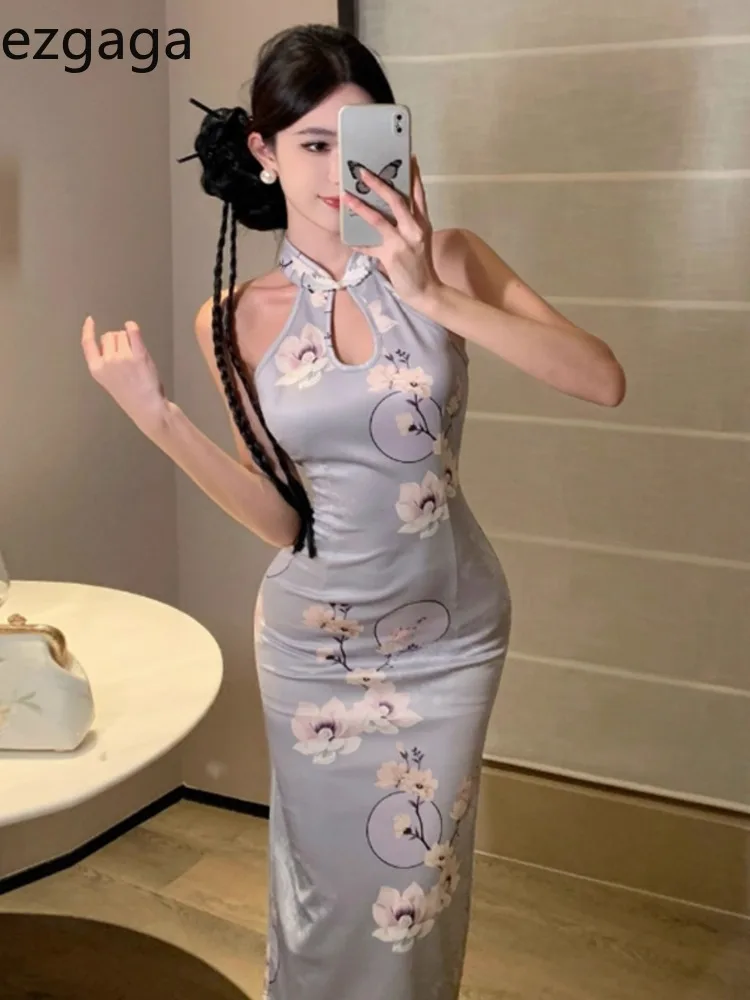 Ezgaga Floral Printed Dresses Women Elegant Sleeveless Stand Collar Hollow Out Split Slim Vintage Sexy Dress Female Fashion Chic