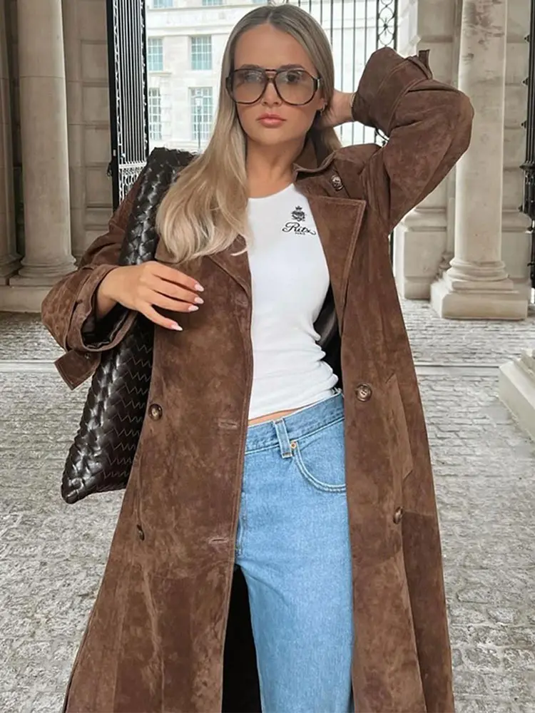 Elegant Suede Leather Long Windbreaker Coat Women Chic Lapel Double Button Oversize Jacket 2024 Autumn Lady Outwear Streetwear