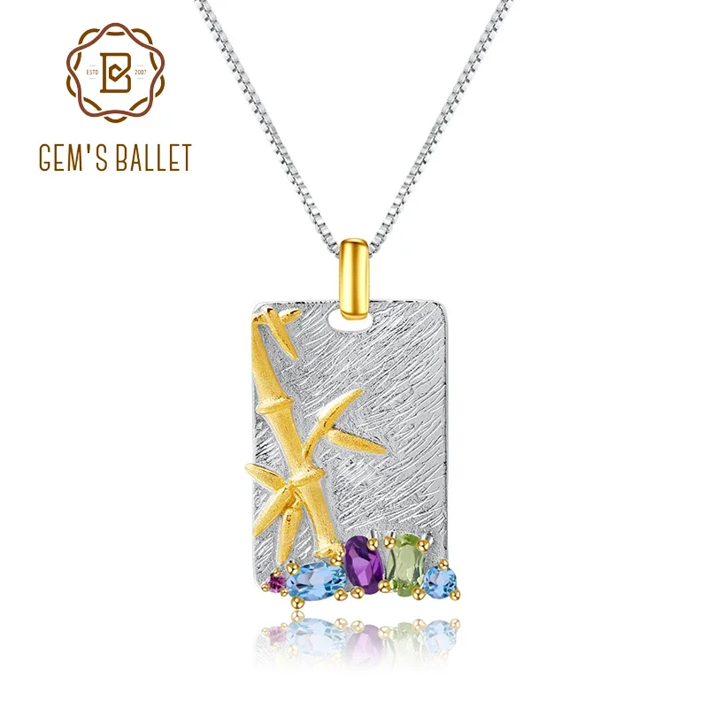 GEM'S BALLET Natural Topaz Amethyst Peridot Fine Jewelry 925 Sterling Silver Handmade Bamboo Pendant Necklace for Women