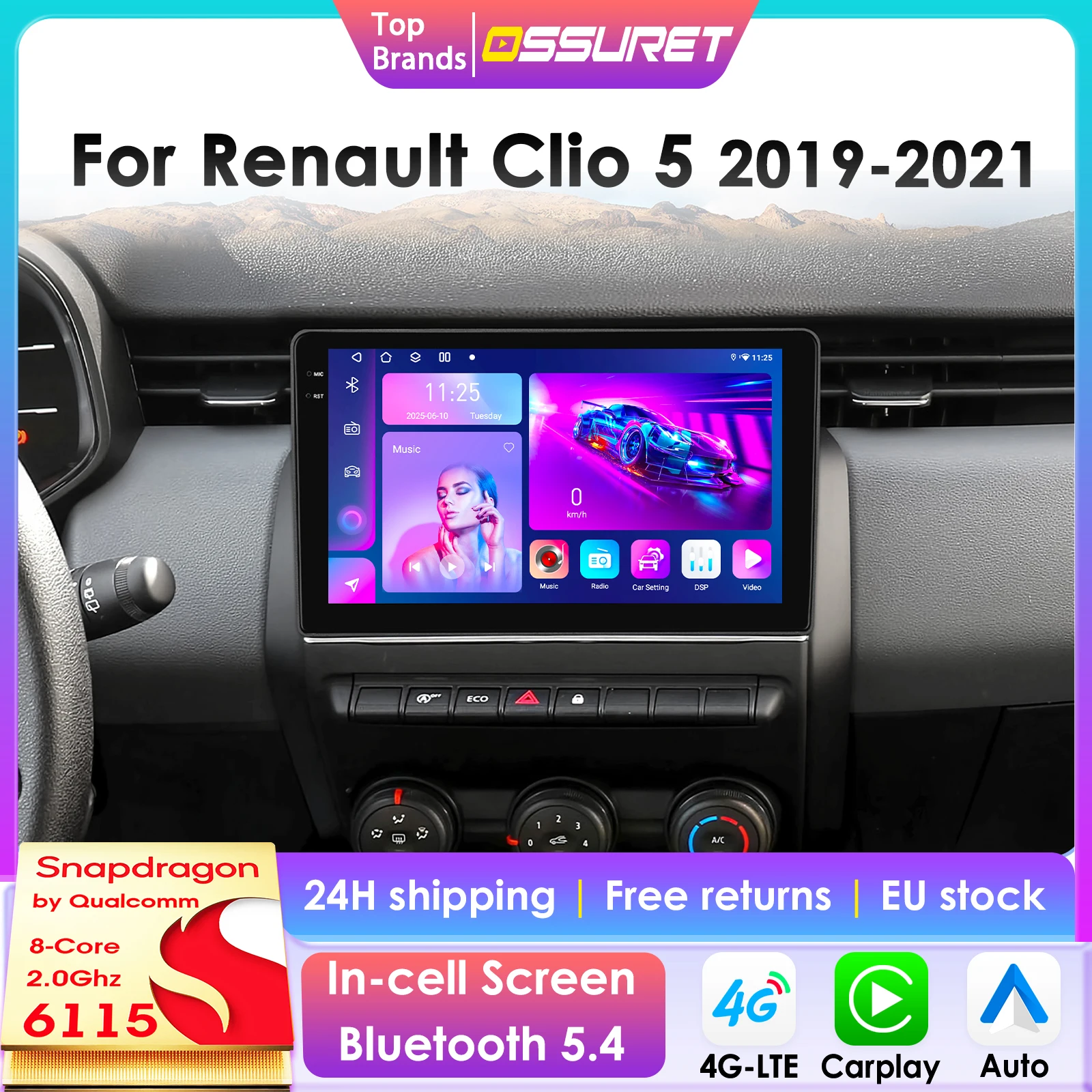 Image of Snapdragon 6115 Android 14 Auto Radio Für Renault Clio 5 2019-2021 Auto Multimedia GPS Player 2Din autoradio Carplay 4G 360 Kamera