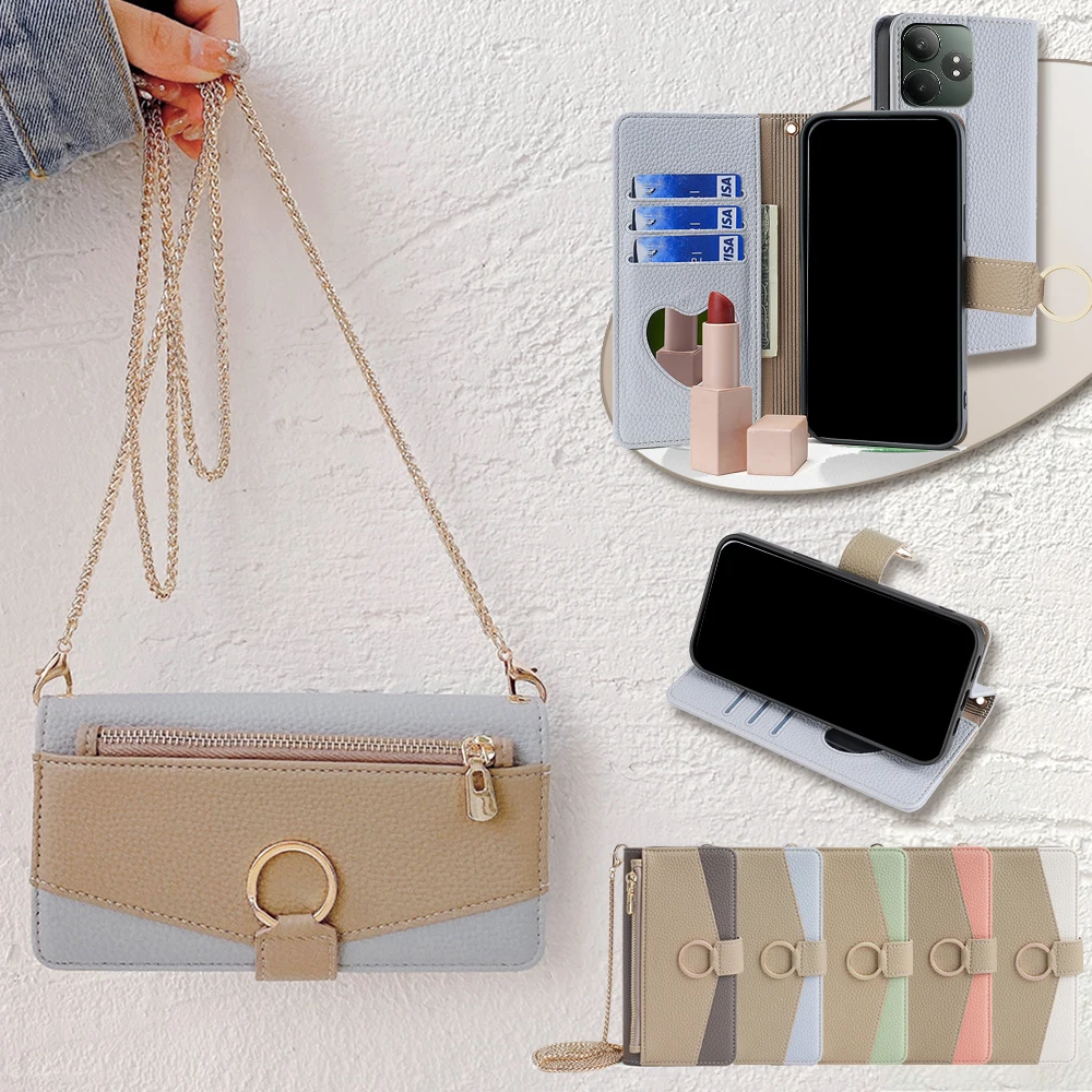 Fashion Multifuction Wallet Case for Realme GT 6 6T Protective Cover Flip Leather Crossbody Case With Metal Chain Shoulder Strap
