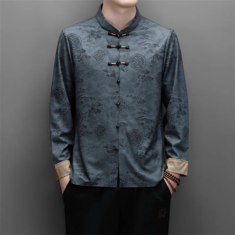 Skin-Friendly Shirts For Men Long Sleeve Tang Costume Frog Button Autumn High-Quality Soft Comfortable Pockets Camisas De Hombre